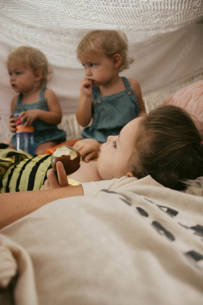 We had a cold rainy summer day so we built a fort and had a pear picnic