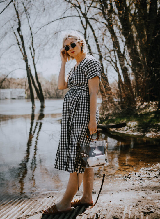 gingham wrap dress with brown sandals