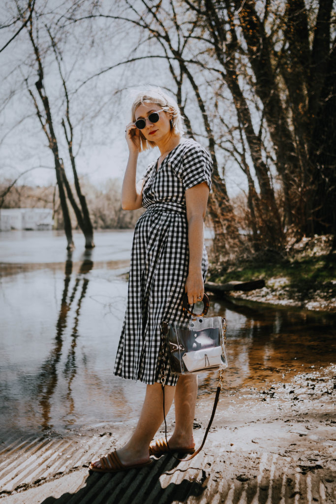 gingham wrap dress with brown sandals