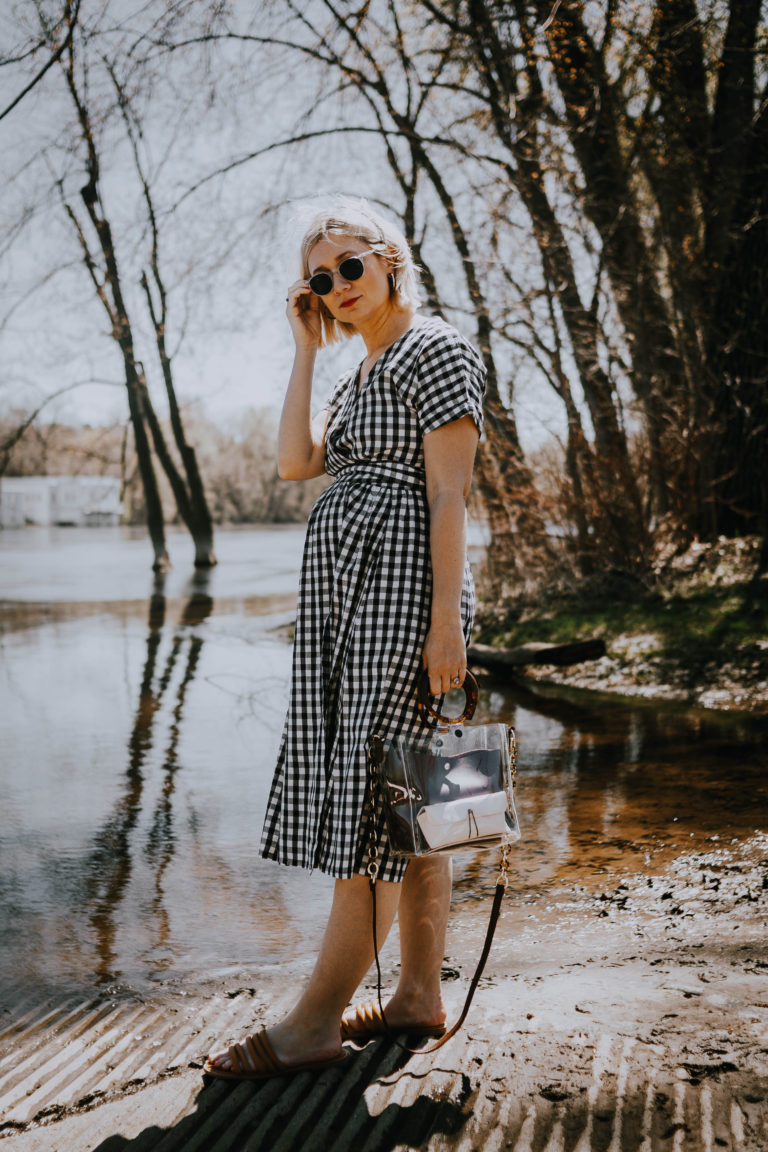 gingham wrap dress with brown sandals