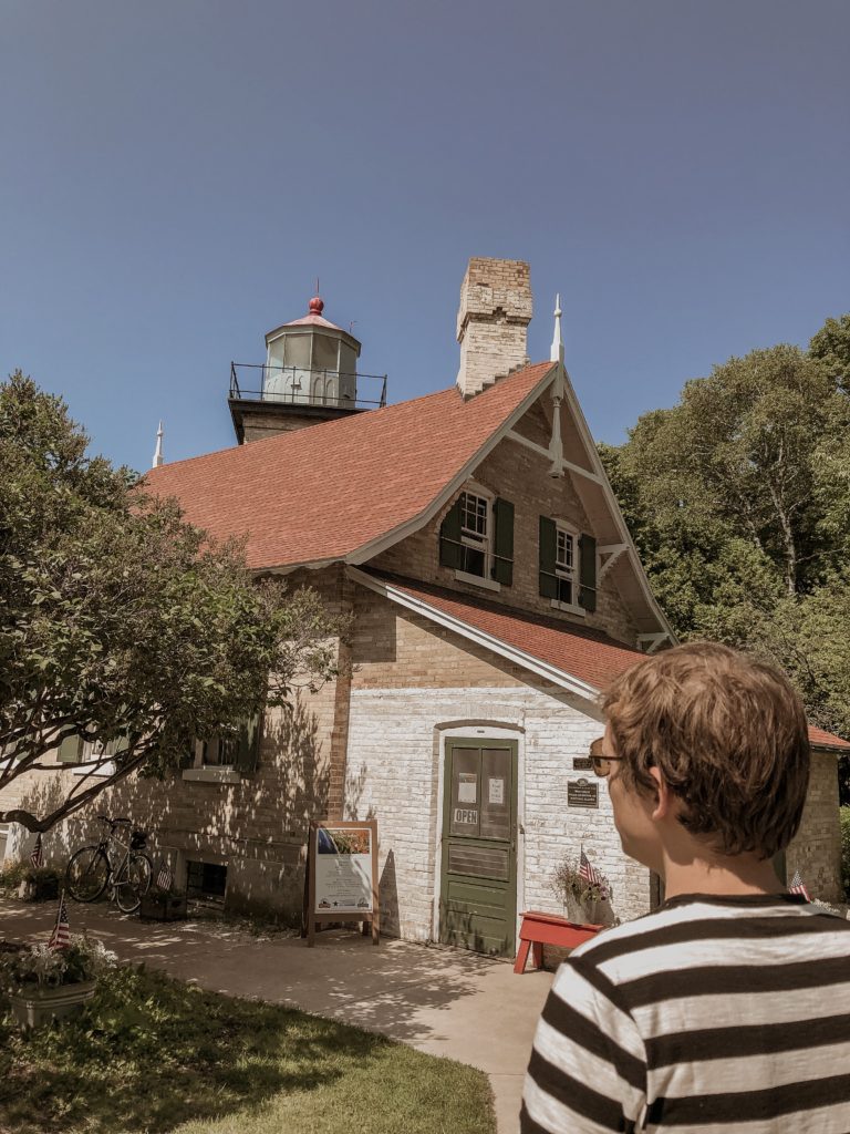 lighthouse in peninsula state park in door county, everlane men's t-shirt, everlane black and white striped t-shirt
