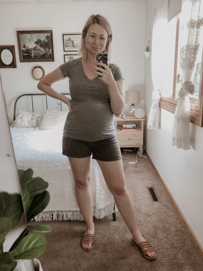 Gray Tee, Green Khaki Linen Shorts, Madewell Sandals, Maternity Outfits