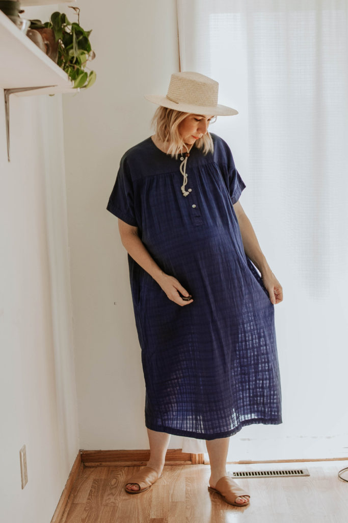 blue maxi dress, straw hat, sugar candy mountain dress