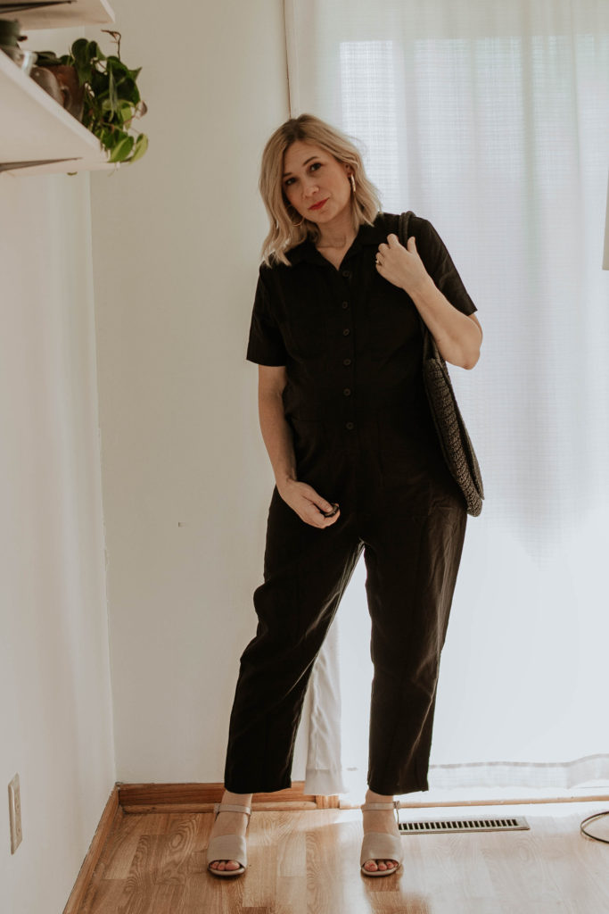black jumpsuit, utility jumpsuit, nude heels