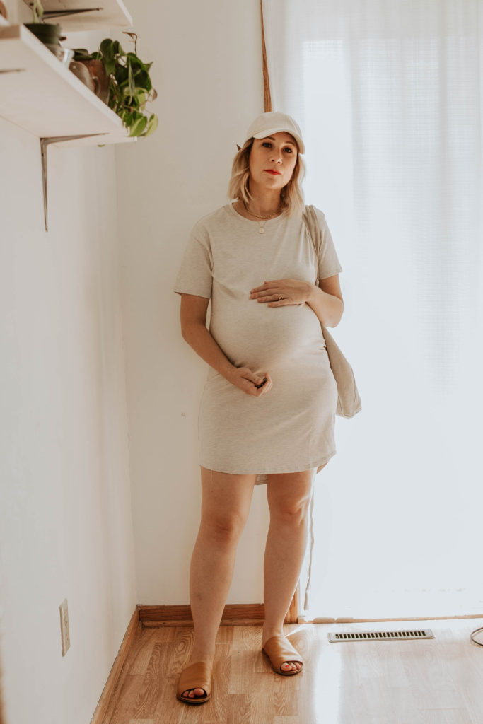 tee dress, slide sandals, baseball hat