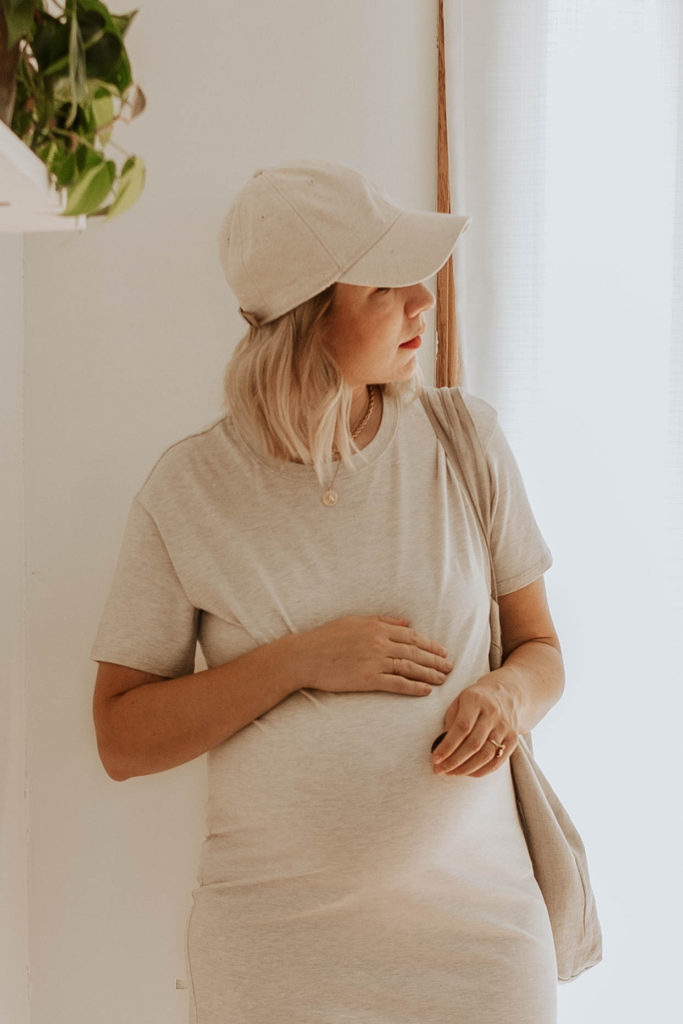 cream tee dress, linen baseball hat, neutral outfit