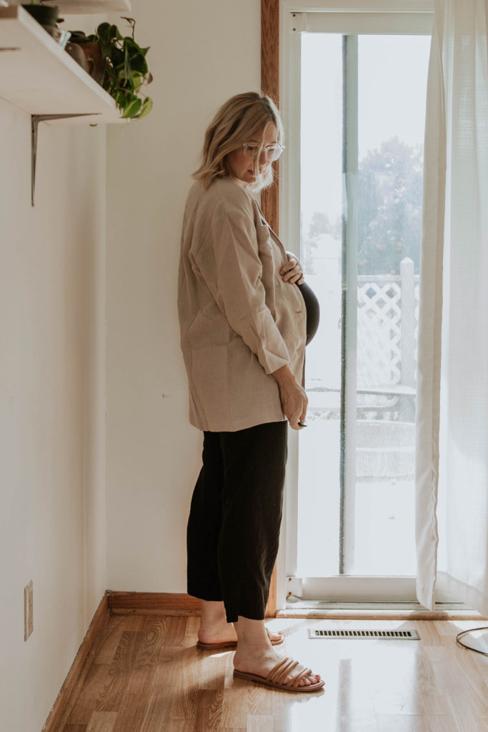 linen jacket, black and brown outfit, black wide leg pants
