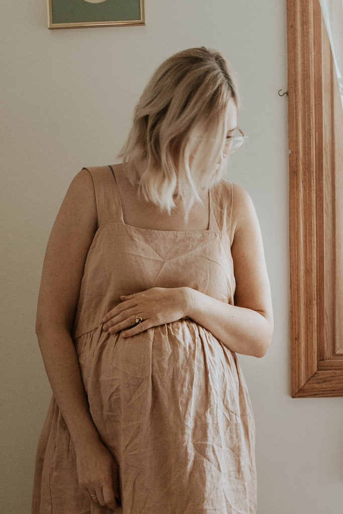 blush linen dress, white sandals, linen maternity dress