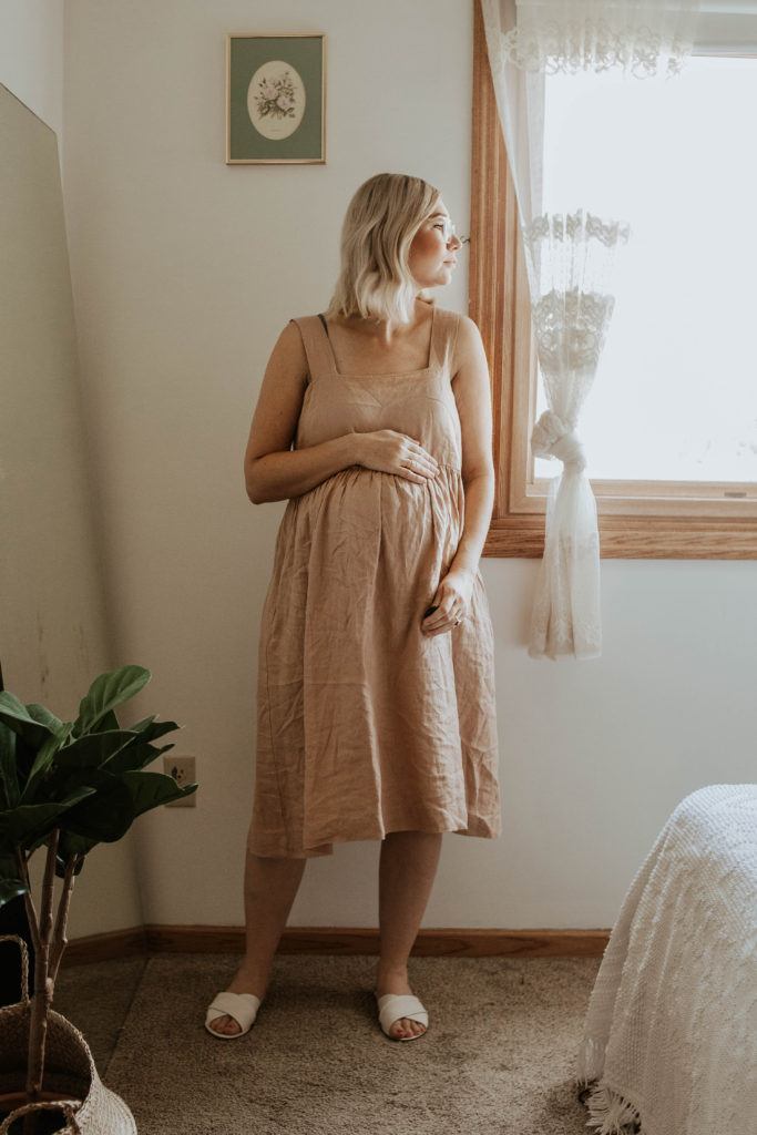 blush linen dress, white sandals, linen maternity dress