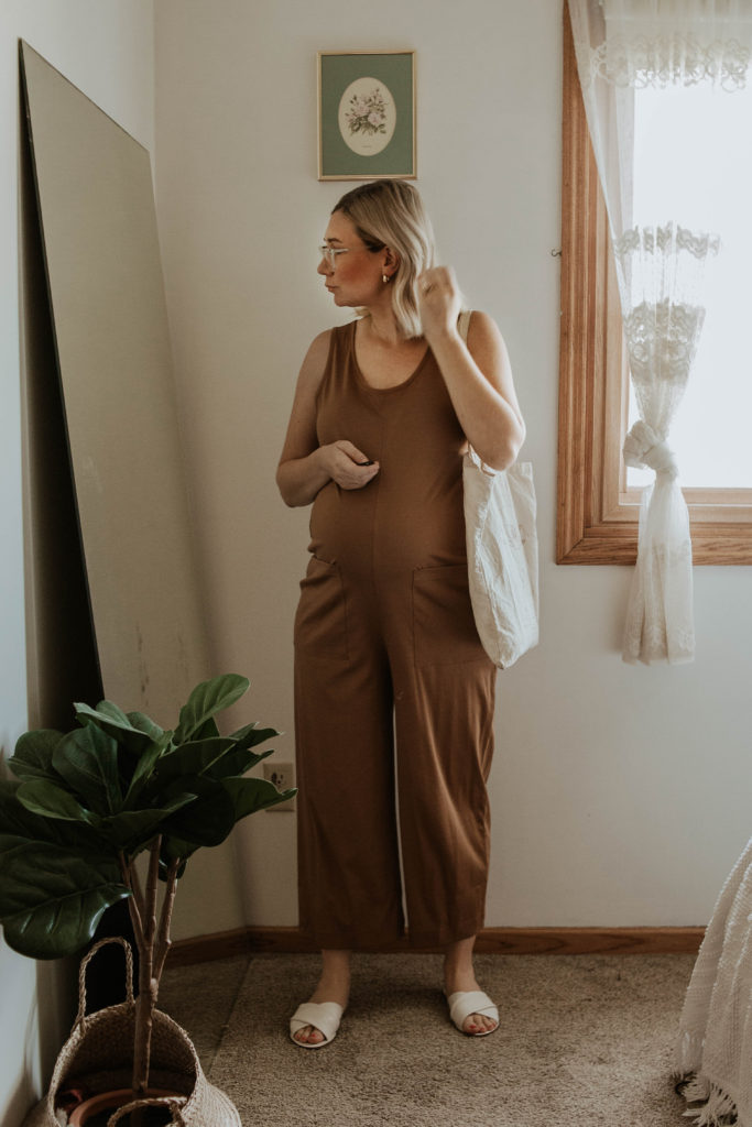 dressing for comfort, camel colored jumpsuit, cotton jumpsuit, white sandals, maternity jumpsuit