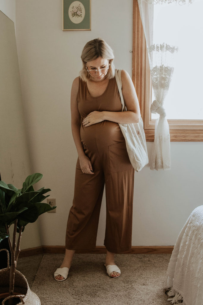 dressing for comfort, camel colored jumpsuit, cotton jumpsuit, white sandals, maternity jumpsuit