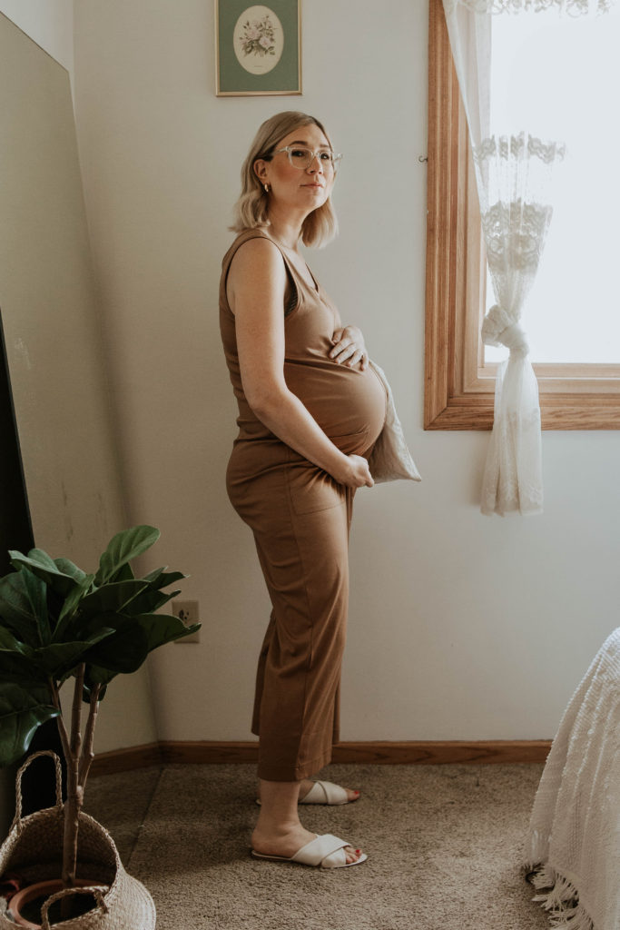 camel colored jumpsuit, cotton jumpsuit, white sandals, maternity jumpsuit