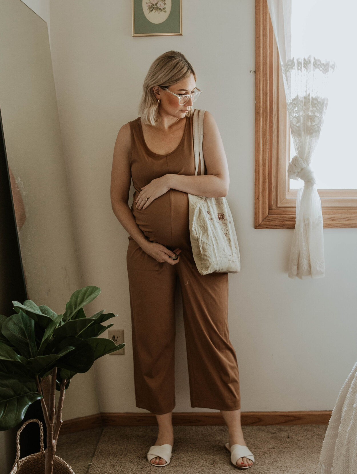 dressing for comfort, camel colored jumpsuit, cotton jumpsuit, white sandals, maternity jumpsuit