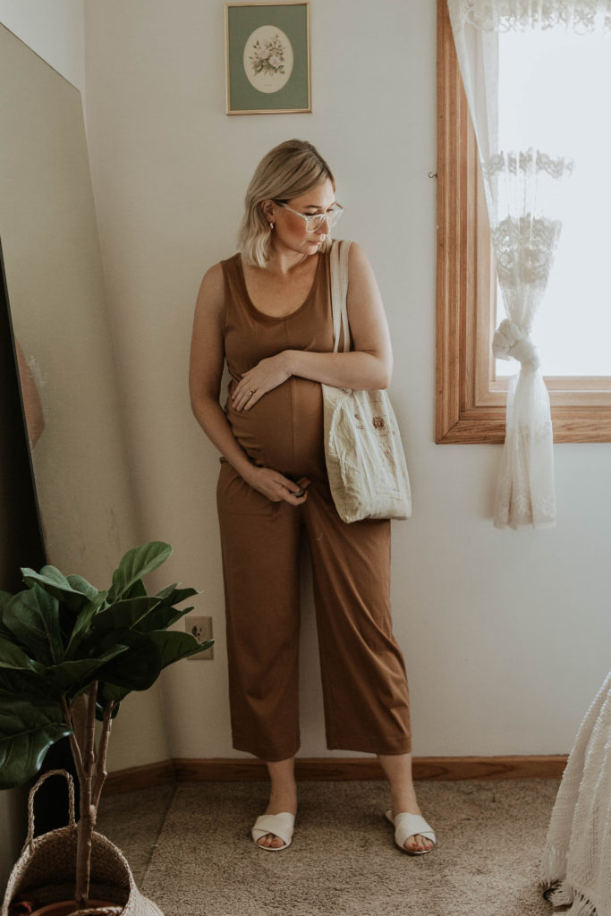dressing for comfort, camel colored jumpsuit, cotton jumpsuit, white sandals, maternity jumpsuit
