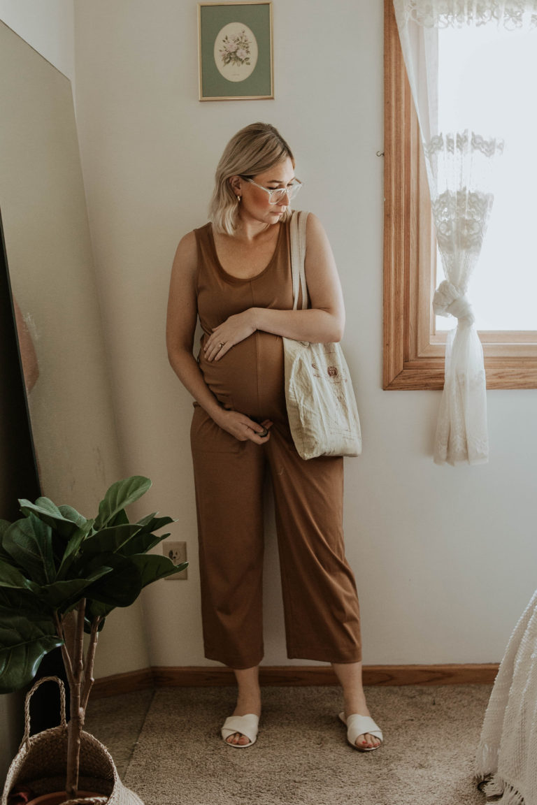 dressing for comfort, camel colored jumpsuit, cotton jumpsuit, white sandals, maternity jumpsuit