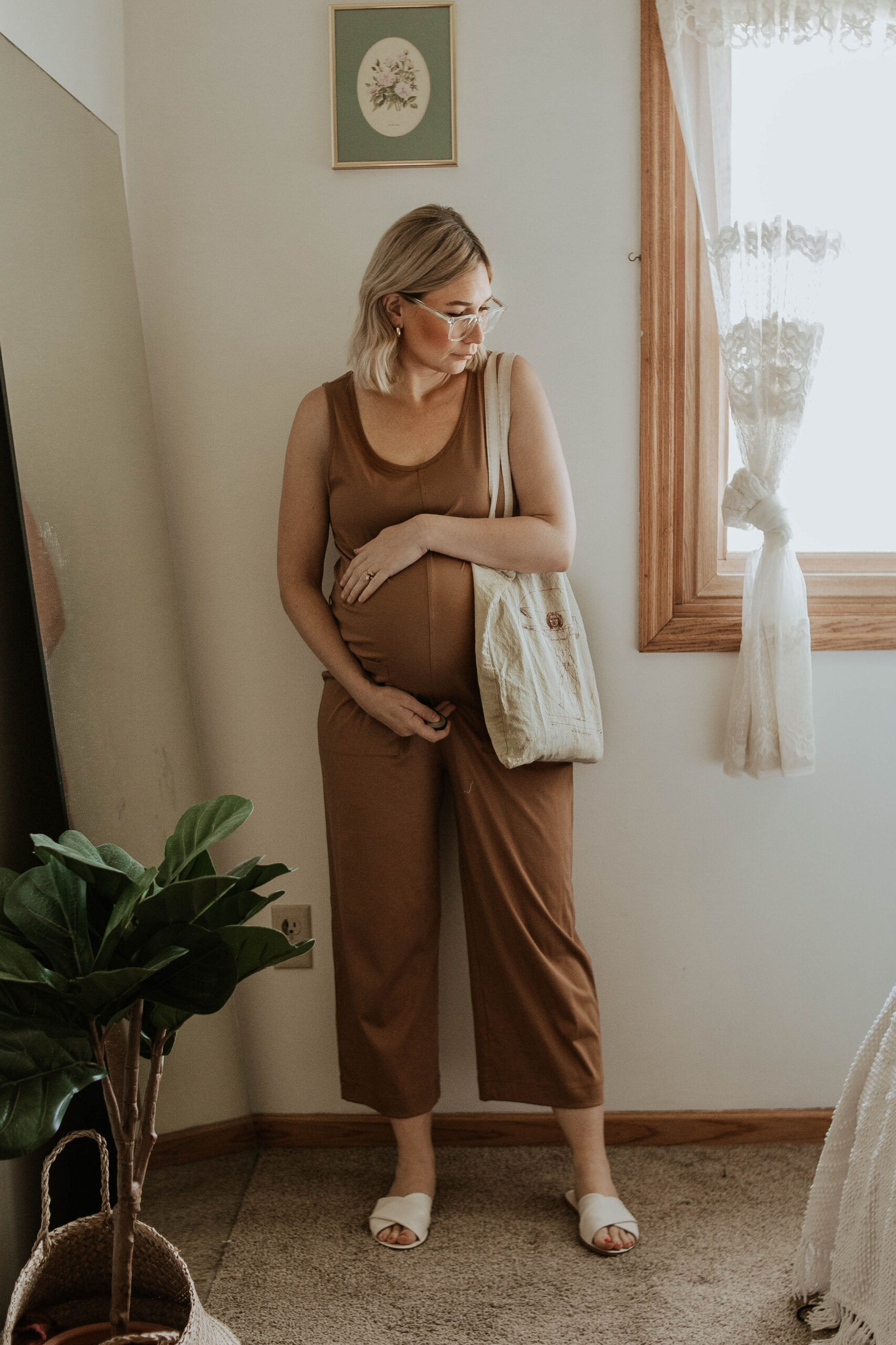 dressing for comfort, camel colored jumpsuit, cotton jumpsuit, white sandals, maternity jumpsuit