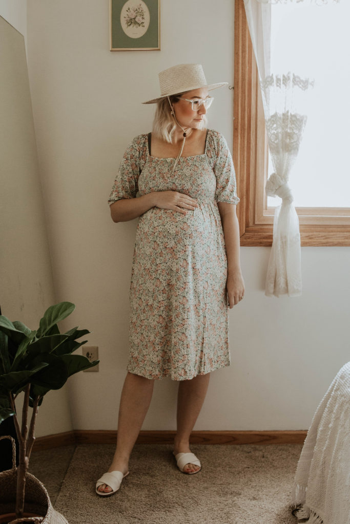 floral dress, smocked dress, white sandal, straw hat