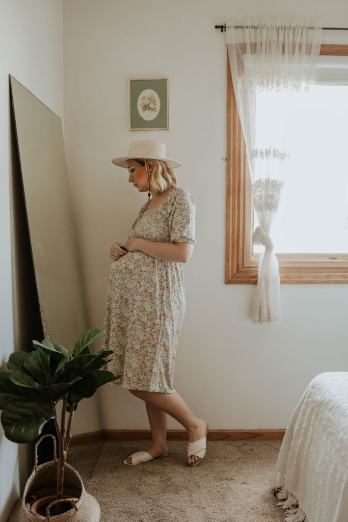 floral dress, smocked dress, straw hat, white sandals