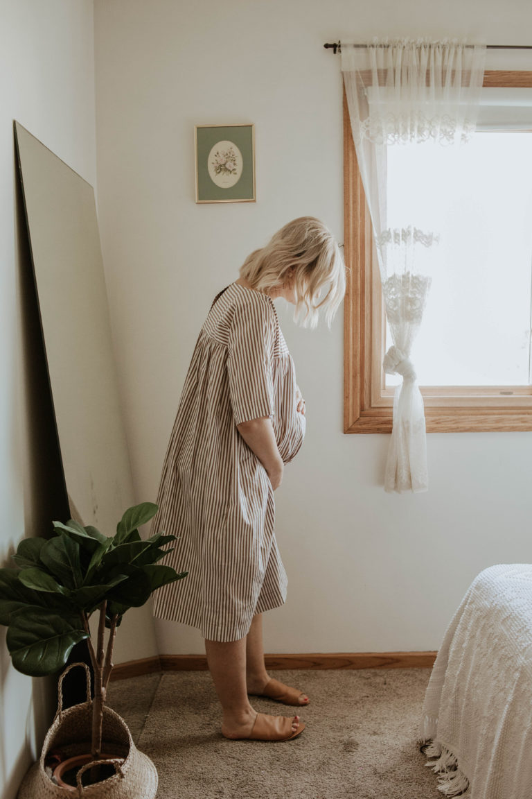 third trimester bump, tent dress, striped dress