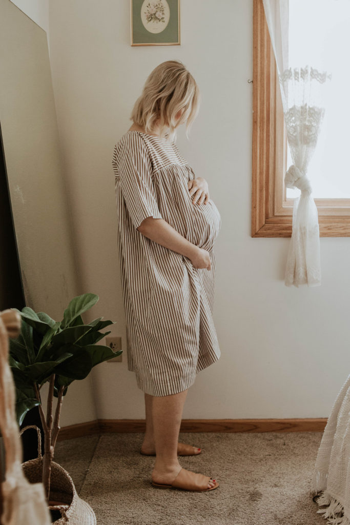 third trimester bump, tent dress, striped dress