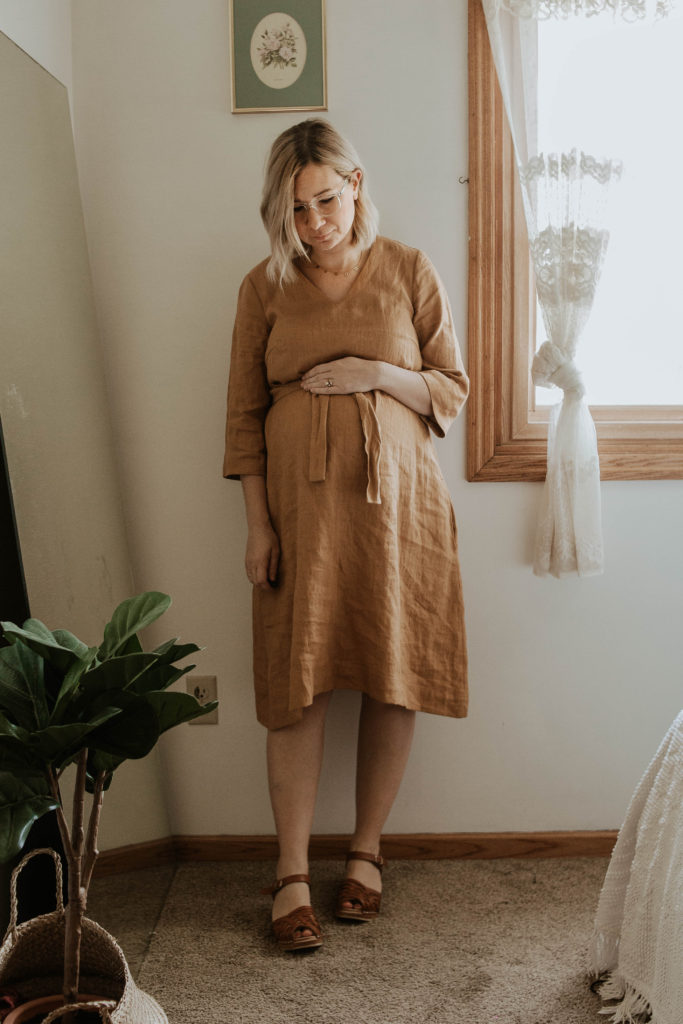 mustard linen dress, pregnancy style, third trimester bump