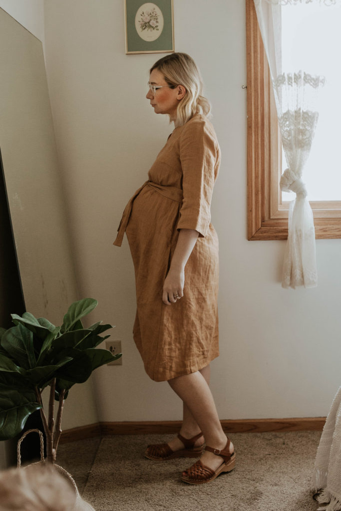 mustard linen dress, third trimester bump