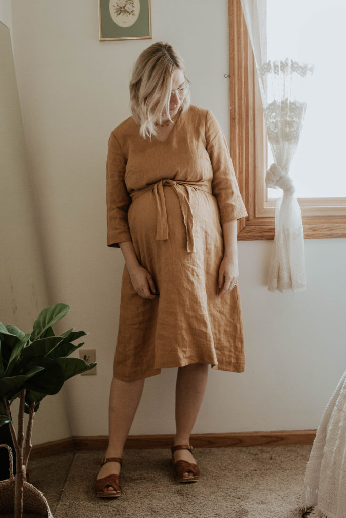 mustard linen dress, mustard dress, pregnancy style, clog sandals