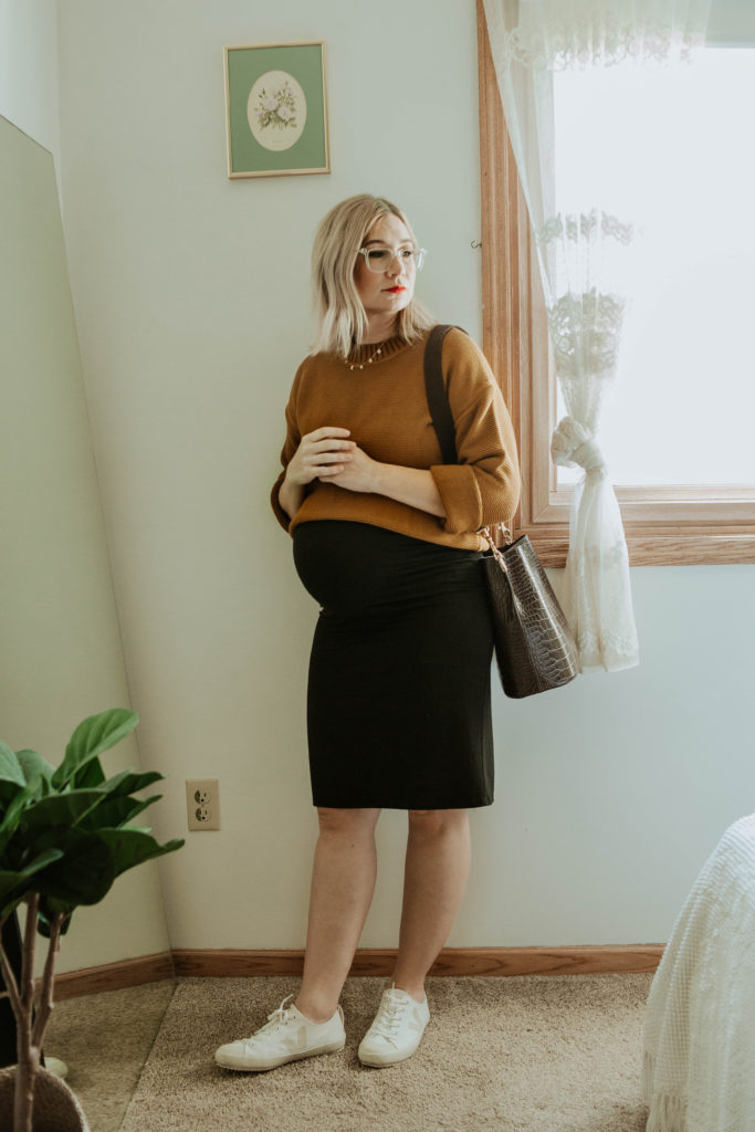 everlane link stitch crew sweater, storq dress, veja sneakers, crocodile purse