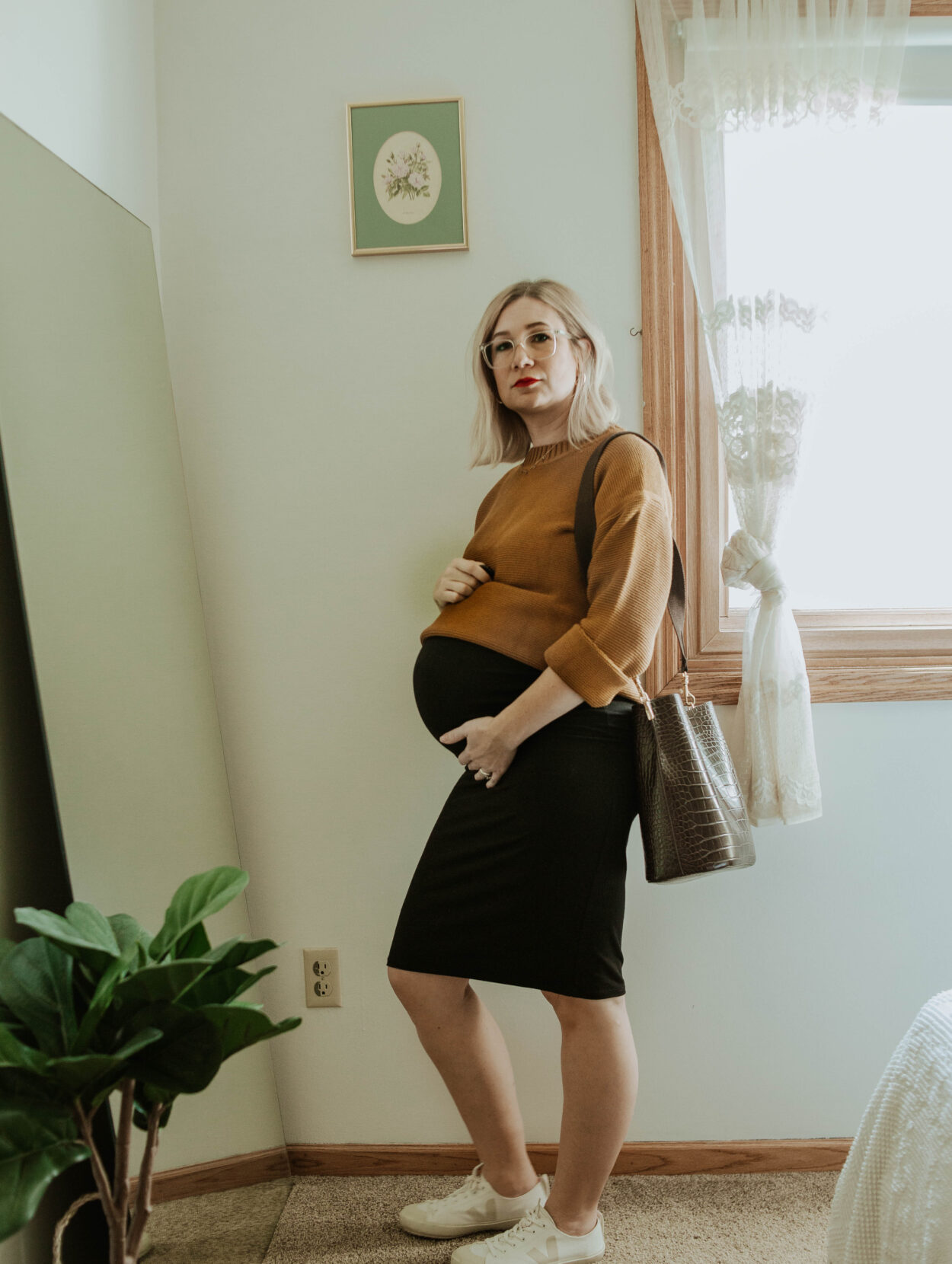 third trimester fall outfits, everlane link stitch crew sweater, storq dress, veja sneakers, crocodile purse