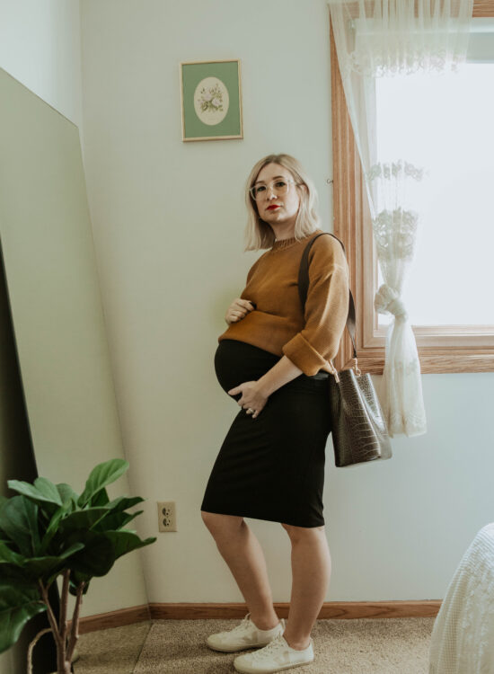 third trimester fall outfits, everlane link stitch crew sweater, storq dress, veja sneakers, crocodile purse