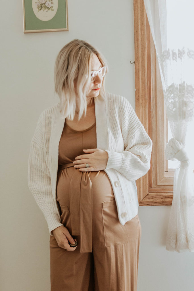 cream chunky cardigan, boxy cardigan, cropped cardigan, camel jumpsuit, cotton jumpsuit, everlane review