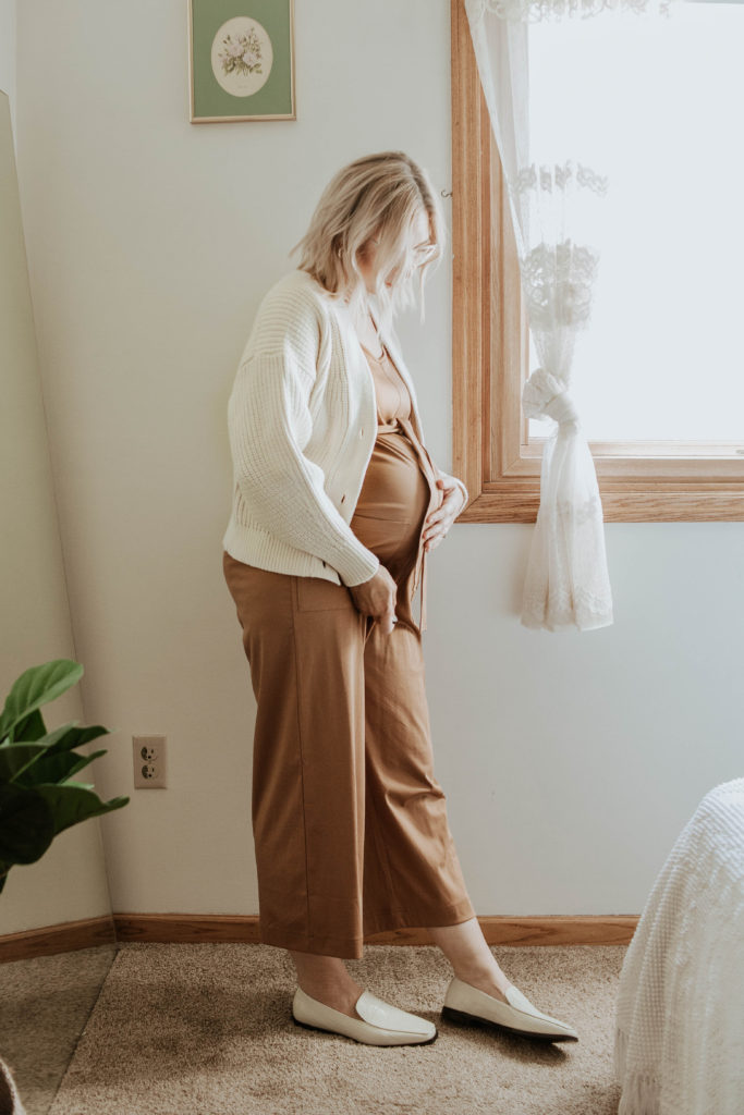 cream chunky cardigan, boxy cardigan, cropped cardigan, camel jumpsuit, cotton jumpsuit, white loafer, everlane review