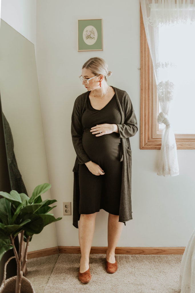 tee dress, brass clothing dress, everlane suede day flat, long charcoal cardigan maxi cardigan