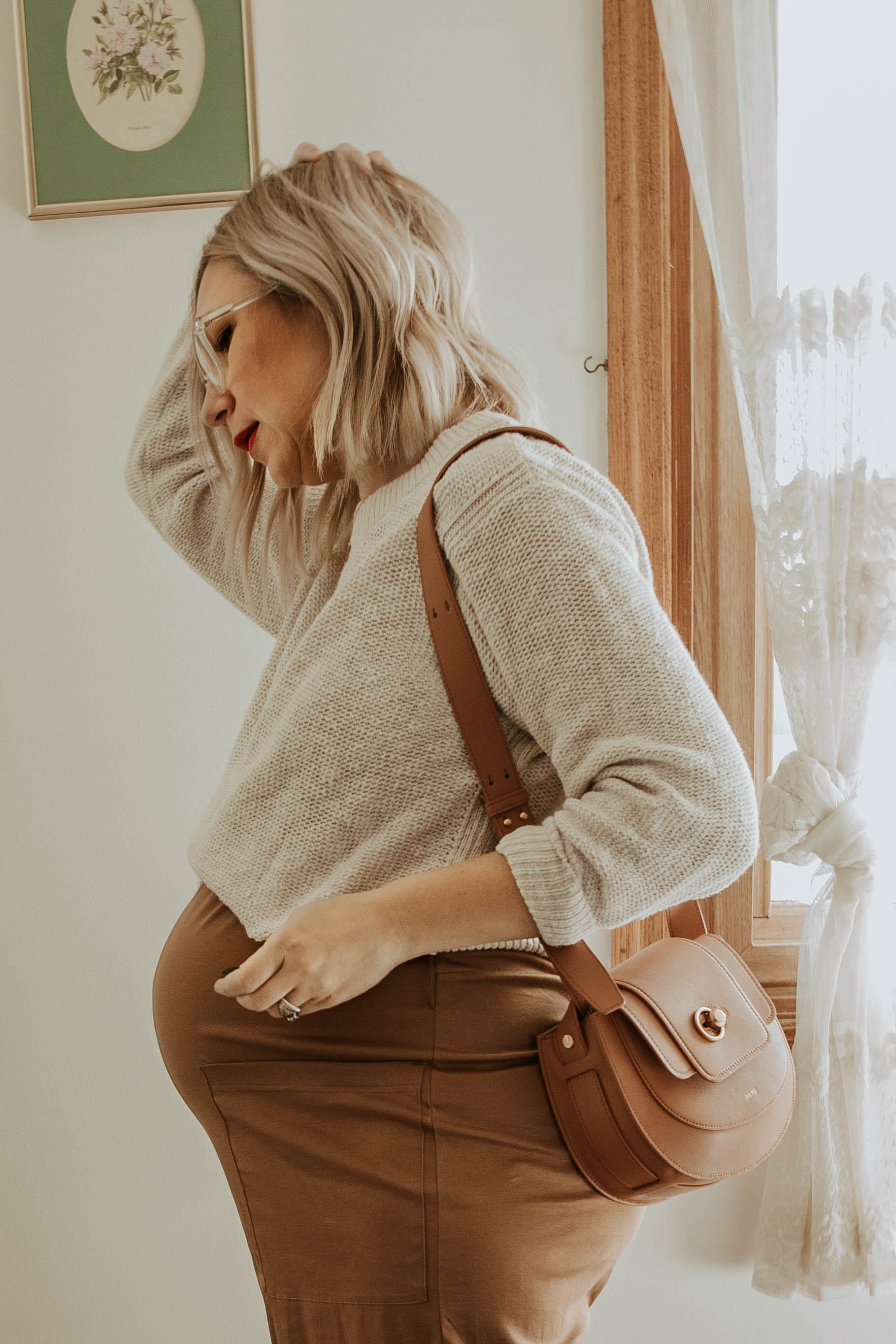 everlane cotton jumpsuit toasted almond, everlane cotton sweater, friday by jwpei brown saddle bag