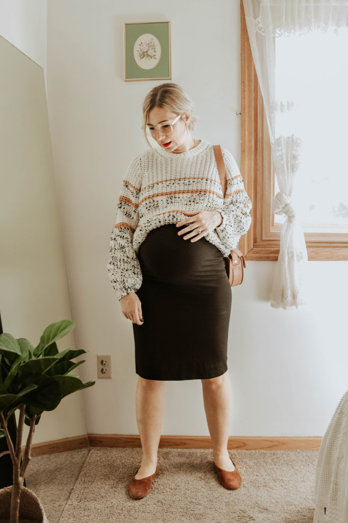 casual maternity outfits, sezane sweater, storq dress, maternity dress, everlane suede day flat, friday by jwpei brown saddle bag