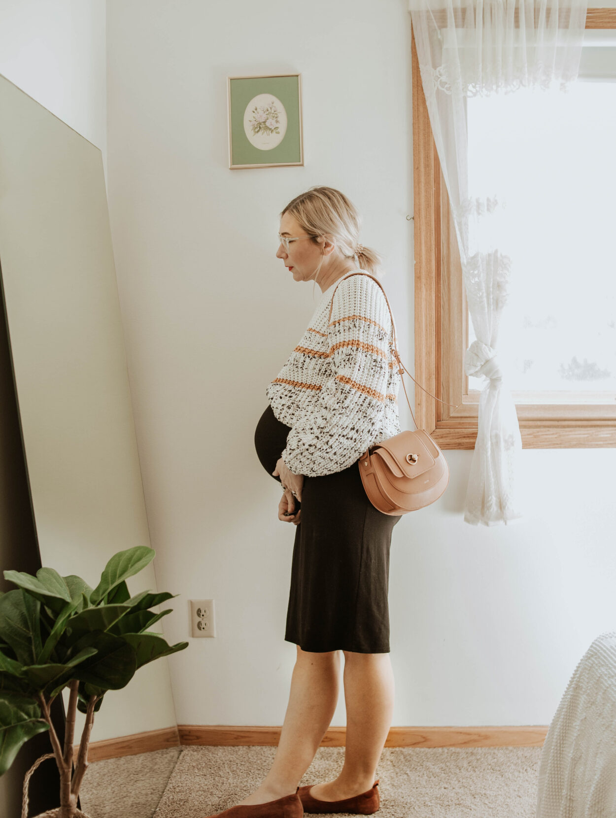 sezane sweater, storq dress, maternity dress, everlane suede day flat, friday by jwpei brown saddle bag