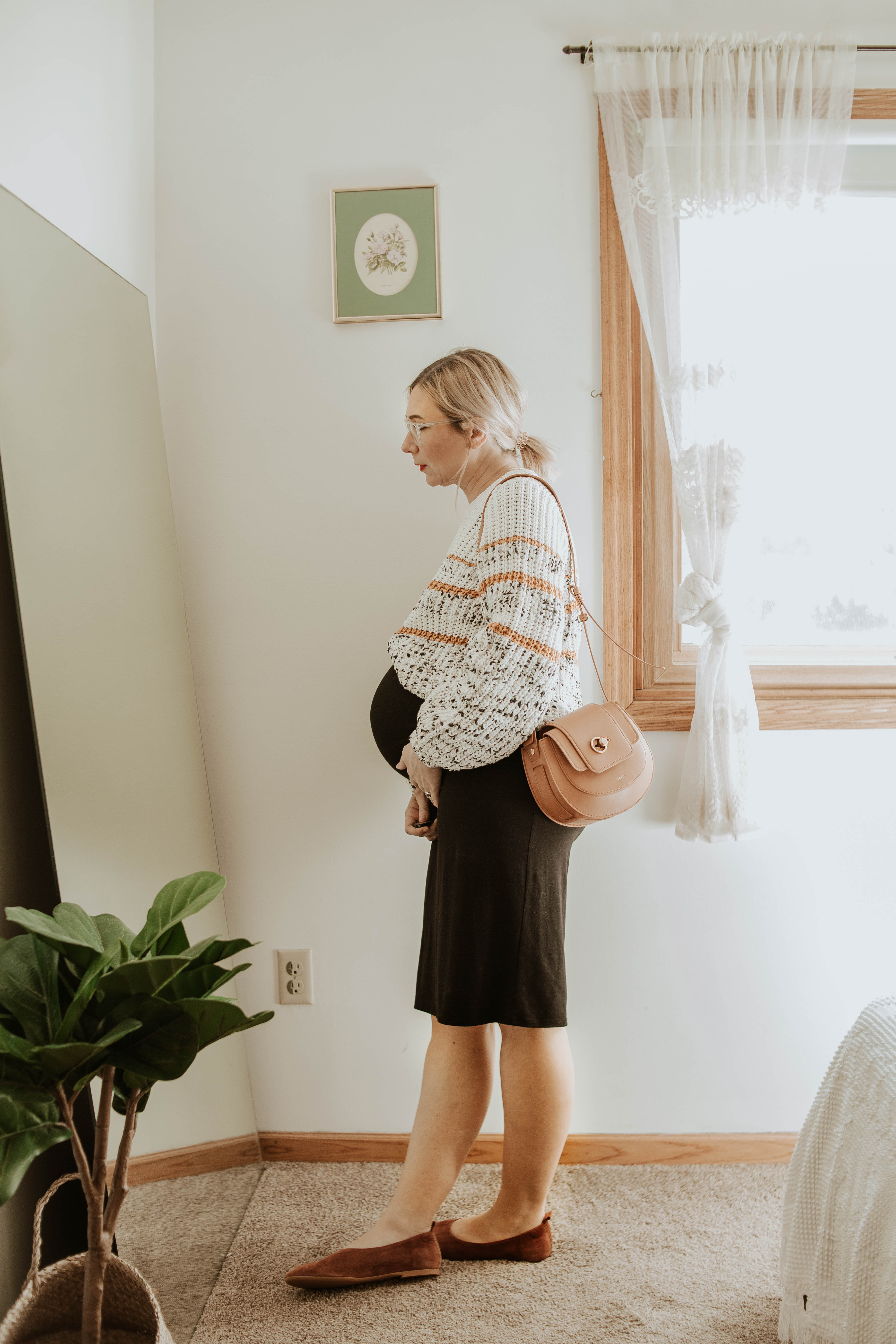 sezane sweater, storq dress, maternity dress, everlane suede day flat, friday by jwpei brown saddle bag