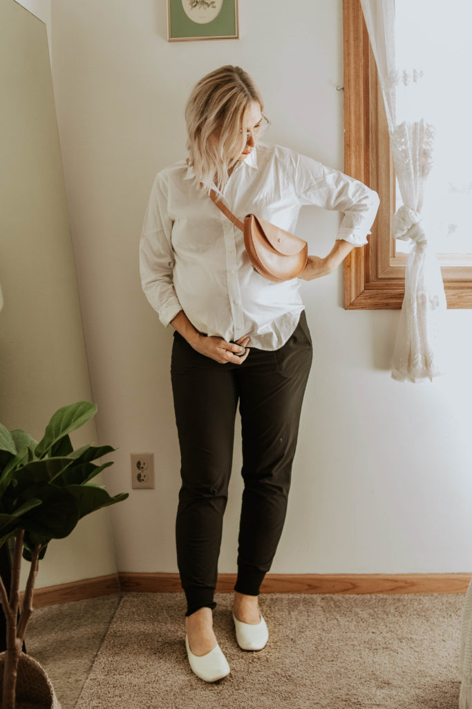 everlane relaxed silky cotton shirt, athleta joggers, everlane day flats, bum bag, belt bag, tree fairfax