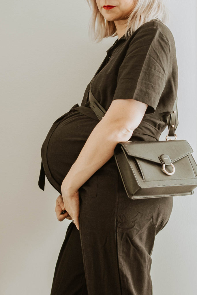 tradlands jumpsuit, everlane tread, friday by jwpei crossbody bag, maternity jumspuit