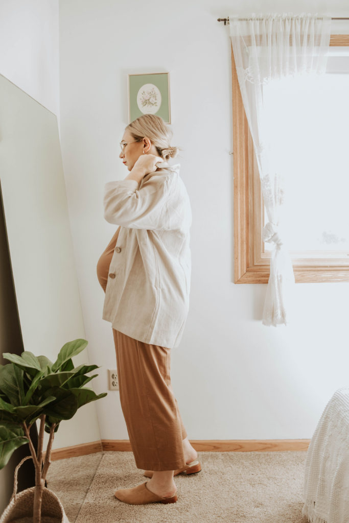 everlane cotton jumpsuit toasted coconut, linen jacket, nisolo mules, messy low bun