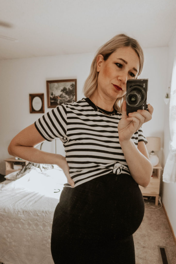 black and white striped tee, striped tee, third trimester bump