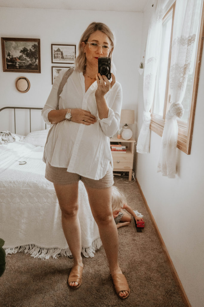 dressing for comfort, white button down and shorts, khaki linen shorts, brown sandals, maternity button down