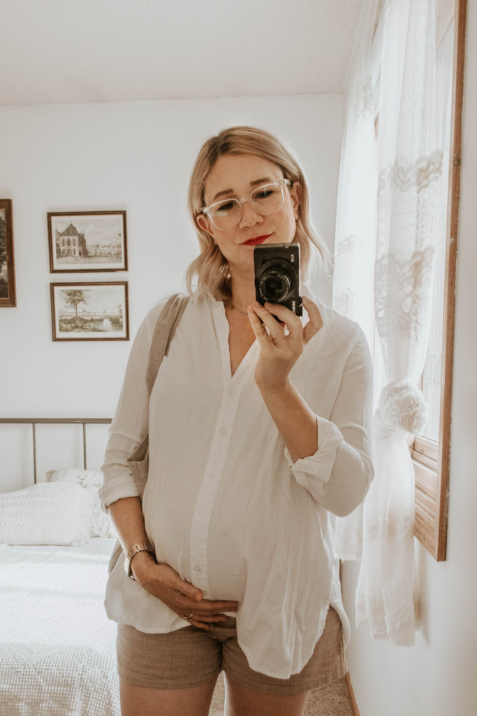 dressing for comfort, white button down and shorts, khaki linen shorts, maternity button down