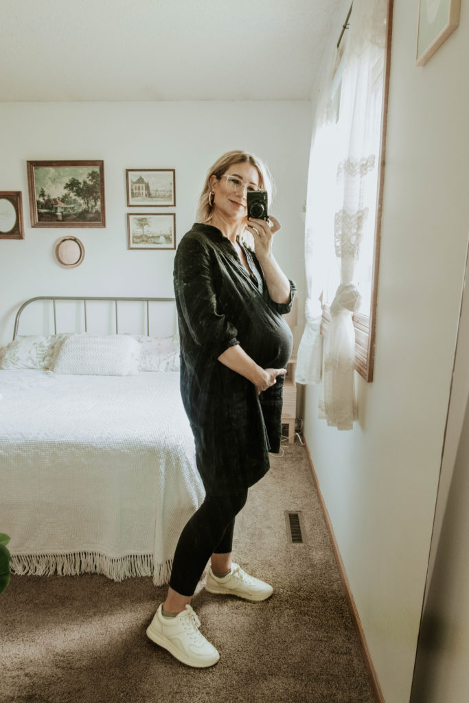 black linen dress, sugar candy mountain dress, maternity leggings, storq leggings, everlane tread sneakers