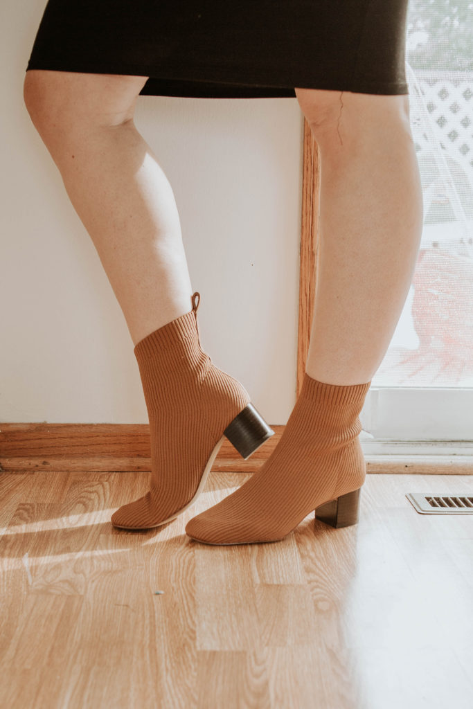 brown glove boot, cognac boot, reknit boot, everlane boot, glove boot