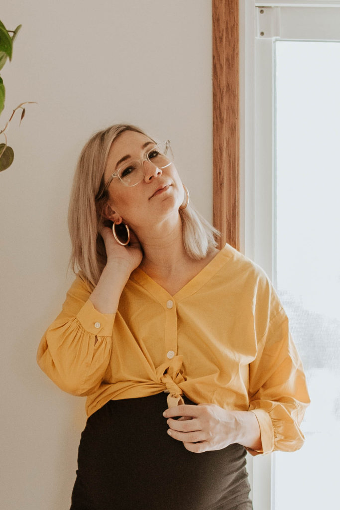 yellow blouse, mustard colored top, balloon sleeve top, everlane blouse, cotton blouse