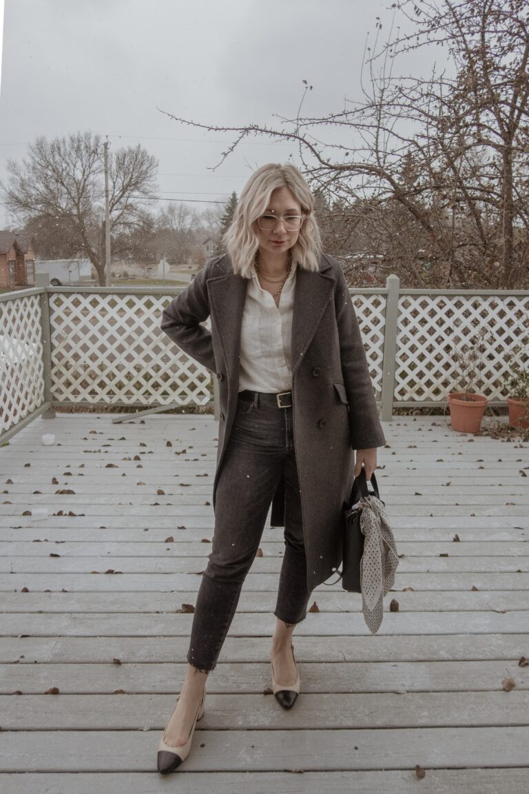 What I Wore Last Week: Everlane Outerwear + Everlane Coat, Cap Toe Slingbacks, Kate Spade Purse, Washed Black Denim, Linen Button Down