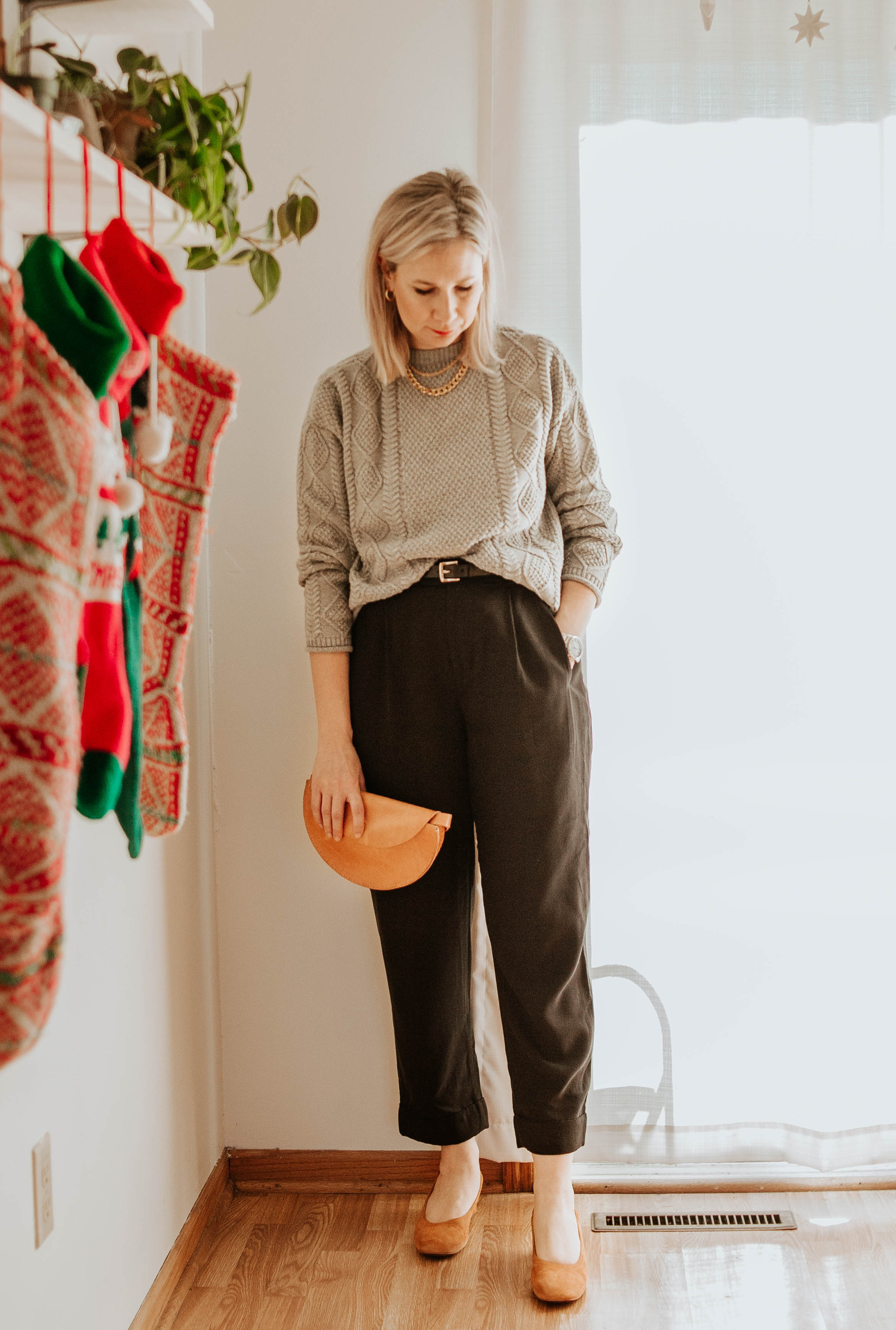Mini Holiday Lookbook Featuring Ethical Fashion, tradlands fisher sweater, everlane pleat pants, tree fairfax bag, bumbag, belt bag, everlane day heels, brown suede heels, cognac heels