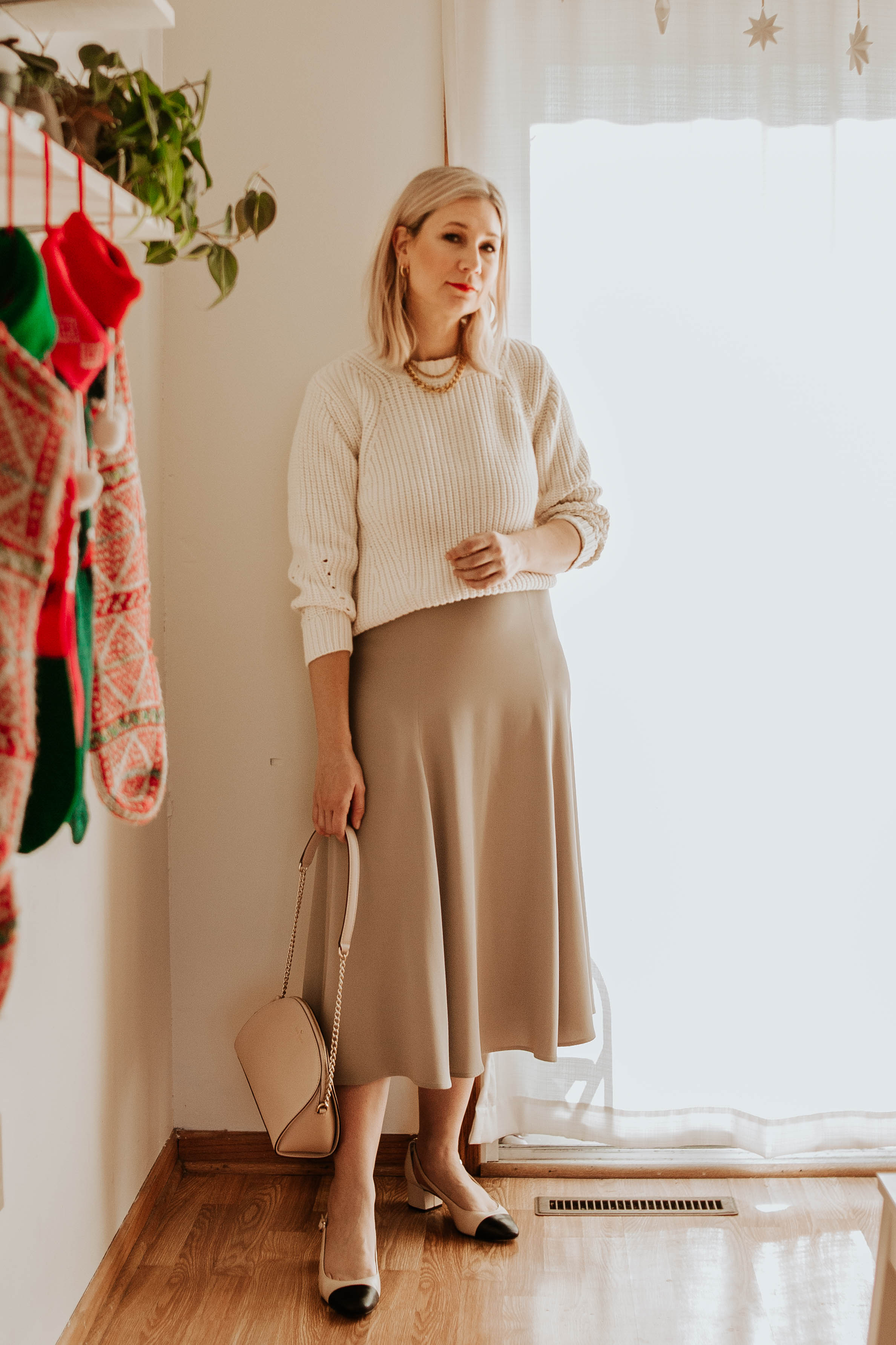 Mini Holiday Lookbook Featuring Ethical Fashion, everlane cotton sweater, beige silk skirt, eileen fisher skirt, bias cut silk skirt, cap toe slingacks, Kate Spade Karen Nichols Street Bag Shoulder Rose Cloud Beige Nude