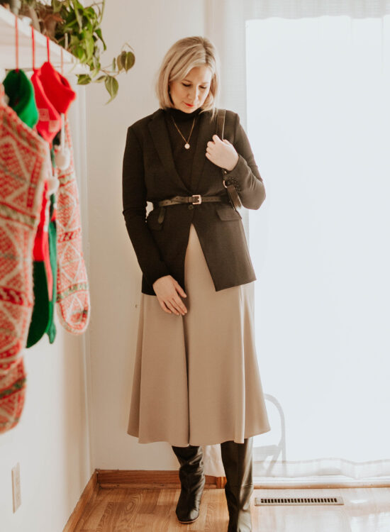 Mini Holiday Lookbook Featuring Ethical Fashion, black turtleneck sweater, brass blazer, black blazer, belted blazer, taupe silk skirt, bias cut silk skirt, black knee high boots, everlane knee high boots